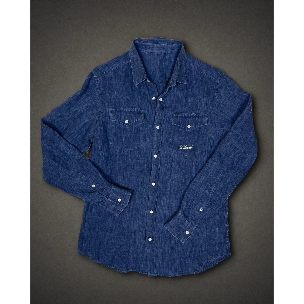 MC2 Saint Barth Linen Pearl Snap Long Sleeve Shirt  Mens M Western Coastal Denim